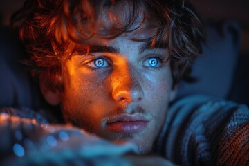 A close-up portrait of a young man with striking blue eyes illuminated by blue light, deep in thought