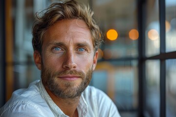 Close-up of a man with piercing blue eyes and a thoughtful look in a casual setting
