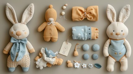 Set of warm baby clothes with bodysuits, toy rabbit and tag on beige background. Collection of cute baby clothes. idea Gift for the birth of a baby