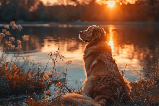 An evocative image of a calm golden retriever sitting by the water, looking at the sunset