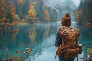 A peaceful capture of a woman with a backpack facing a calm lake surrounded by vibrant autumn foliage