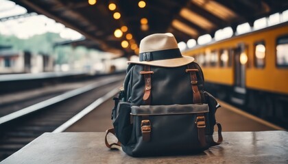 Backpack and hat at the train station with a traveler. Travel concept