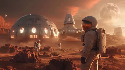 Digital illustration of astronauts exploring Mars, with habitat domes and a space capsule against a Martian sky.