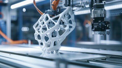 A 3D printer precisely fabricates a complex white geometrical structure, showcasing advanced manufacturing technology.
