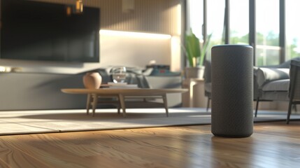 A sleek, tall smart speaker stands on a wooden floor, bathed in sunlight filtering into a stylish, modern living space. - obrazy, fototapety, plakaty