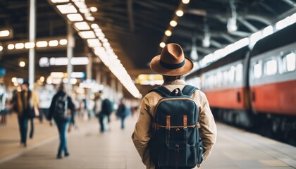 Backpack and hat at the train station with a traveler. Travel concept