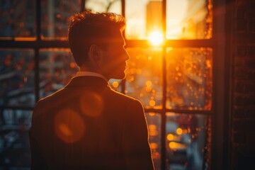 A contemplative man silhouetted against a dazzling urban sunset, evoking reflection - obrazy, fototapety, plakaty