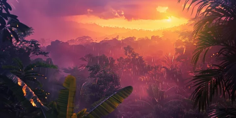 Fototapeten A dramatic and enchanting sunset casts warm colors over a fog-enshrouded tropical rainforest, creating an atmosphere of mystery © Daniel