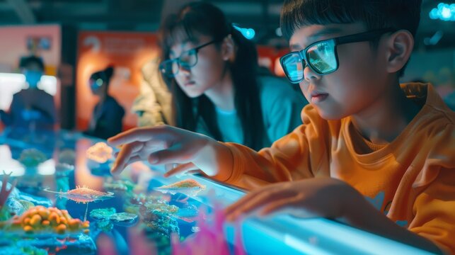 Two children, captivated and focused, are interacting with a digital aquarium exhibit, a blend of technology and marine education.
