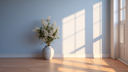 Fototapeta na wymiar Serene Interior with Sunlight Casting Shadows on a Wooden Floor and a White Vase with Flowers