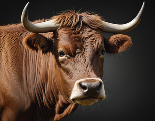 closeup of a head of an angry brown bull or cow profile isolated on dark background