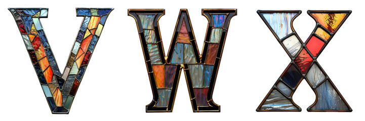 Stained Glass Letters V W X Isolated on Transparent or White Background, PNG