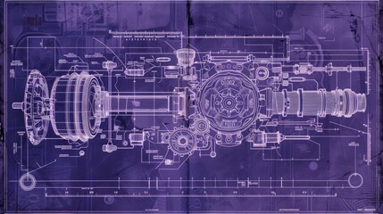 in the style of a classic architectural or engineering cyanotype blueprint featuring the a deep purple comparable to the traditional deep blue background and the white lines of illustration,   - obrazy, fototapety, plakaty