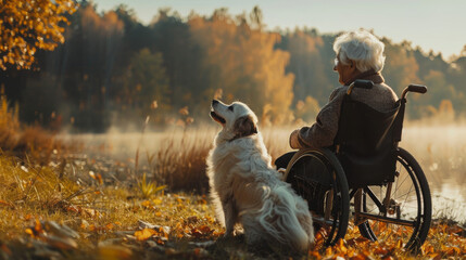 In an idyllic autumn setting, a senior woman in a wheelchair enjoys a peaceful moment with her loyal dog beside a misty lake - obrazy, fototapety, plakaty