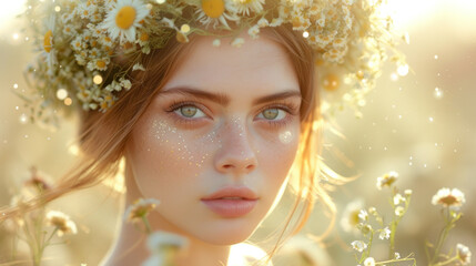 Fototapeta premium Portrait of Young Woman Amongst Wildflowers