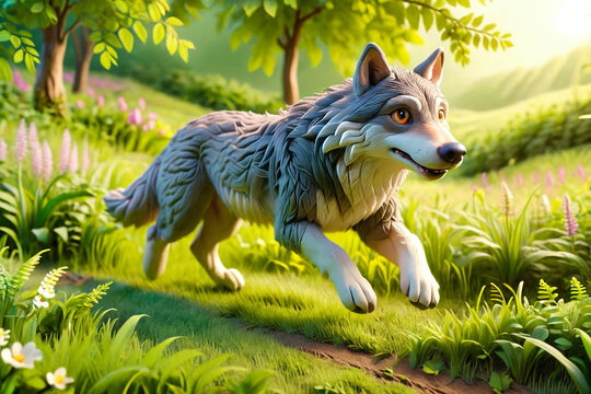 A cute wolf runs through the lush spring grass