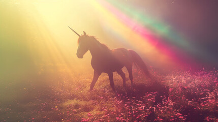 Magic unicorn in blossoming meadow, fairytale atmosphere