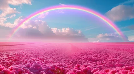 Papier Peint photo Lavable Rose  Rainbow Over Vibrant Pink Flower Field