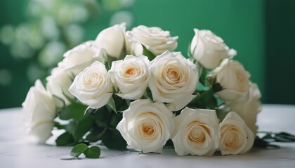 beautiful bouquet of bright white rose flowers, on table with green background