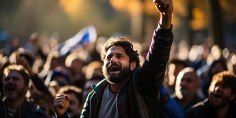 A bearded man stands in front of a diverse, attentive crowd