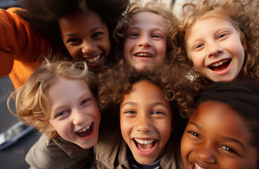 Fototapeta premium Happy African American boy and girl kids group playing in the playground in school. Children friendship and education concept.