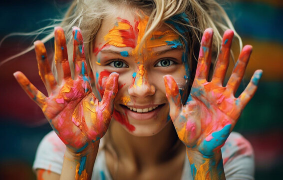 Happy cute little girl with colorful painted hands education concept