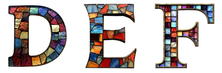 Stained Glass Letters DEF Isolated on Transparent or White Background, PNG