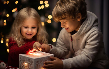 Fototapeta na wymiar A portrait of children opening a gift box. Merry Christmas, happy New Year. Luxurious apartment with christmas lights and decorations. Miracle time.