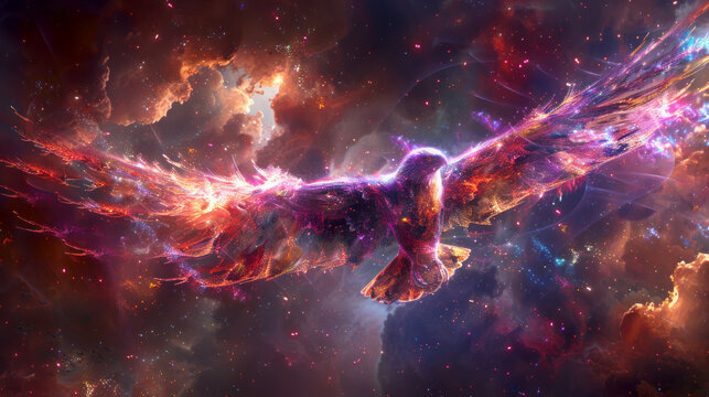 Magical eagle and space nebula, symbol of cosmic power