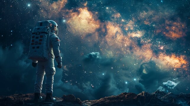 An astronaut is strolling around the planet, gazing up at the starry sky 