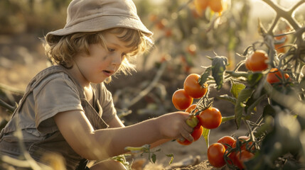 Young Child Picking Ripe Tomatoes on a Farm