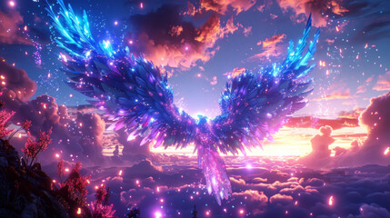 Magical fairy-tale rainbow shining phoenix bird in flight - obrazy, fototapety, plakaty