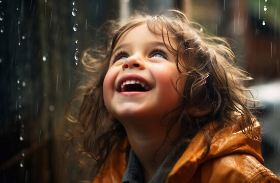 little girl in a yellow raincoat. portrait of a child in autumn clothes, a walk in the rain