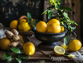 Fresh Lemons and Ginger on a Wooden Table. Photo of bright yellow lemons and ginger root on a rustic wooden table with a burlap cloth and a dark backdrop.