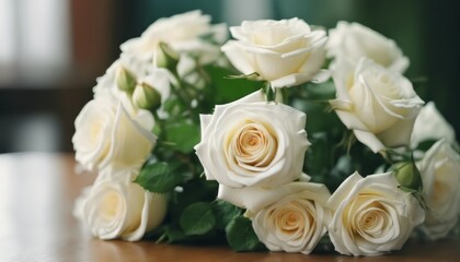 Fototapeta premium beautiful bouquet of bright white rose flowers, on table with green background