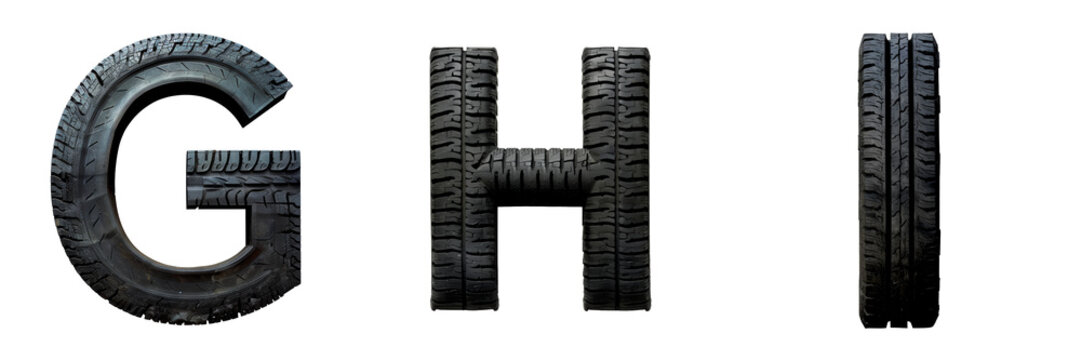 Black Tire Letters G H I Isolated on Transparent or White Background, PNG