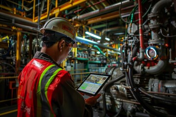 Obraz premium Worker with a tablet monitoring machinery in a factory.