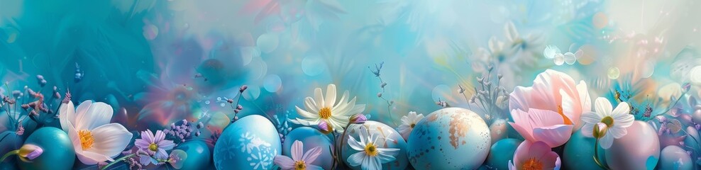 colorful easter background with eggs and flowers. easter basket with colorful eggs