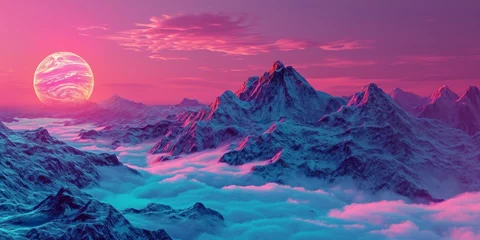 Deurstickers Majestic mountain: a dreamy sunset © YuDwi Studio