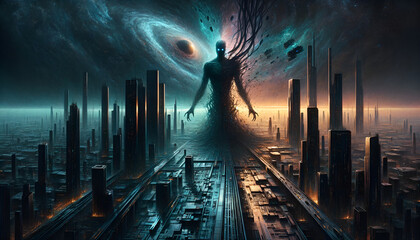 Dystopian City of Cosmic Shadows - obrazy, fototapety, plakaty