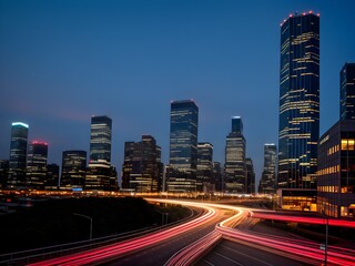 Fototapeta na wymiar Blurred car lights on the background of skyscrapers
