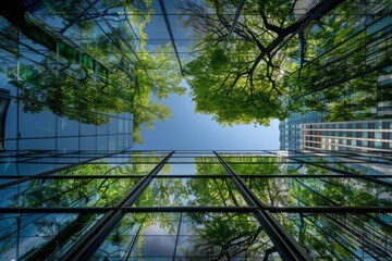 Reflection of trees on the glass facade of skyscrapers.
