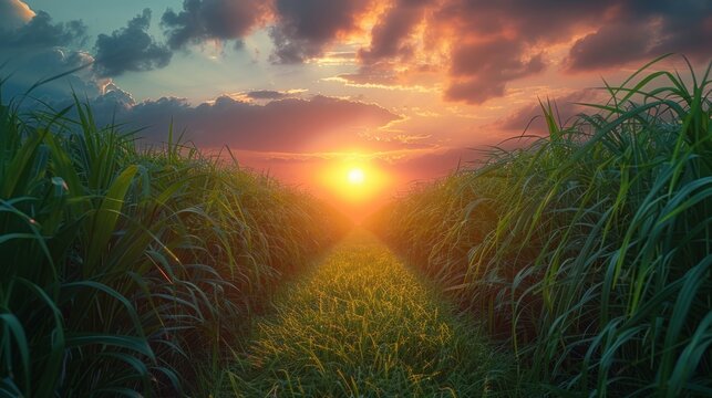 sugar cane with landscape sunset sky photography nature background.