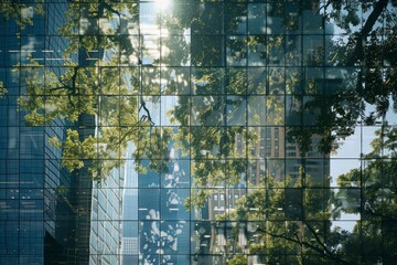 Reflection of trees on the glass facade of skyscrapers.