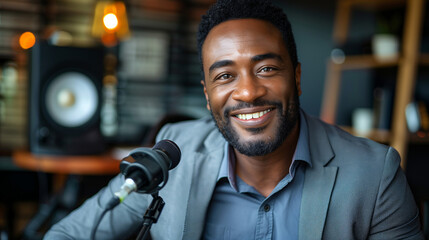 Smiling African American Male Radio Host in Studio Setting, Professional Podcasting Charm