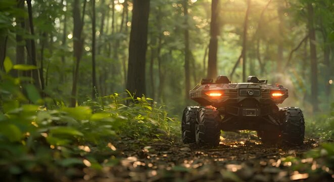 Unmanned ground vehicles (UGVs) scouting enemy lines, forest edge