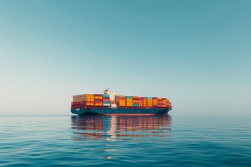 Cargo ship loaded with containers on the ocean under a clear sky.