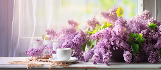 A window sill is filled with vibrant purple flowers, creating a colorful display next to a cup and saucer. The scene exudes a shabby chic charm with the metal bucket holding the lilac blossoms. - Powered by Adobe