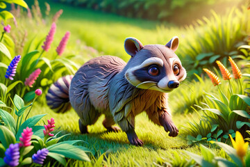 Obraz premium A racoon runs through the colorful lush spring green grass
