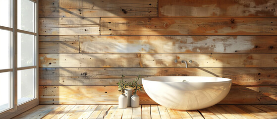Sunlit rustic bathroom featuring a standalone bathtub against wooden walls